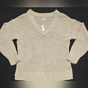 🆕️Aerie V Neck Open Knit Sweater Tunic Taupe Oversized Women's Size Small